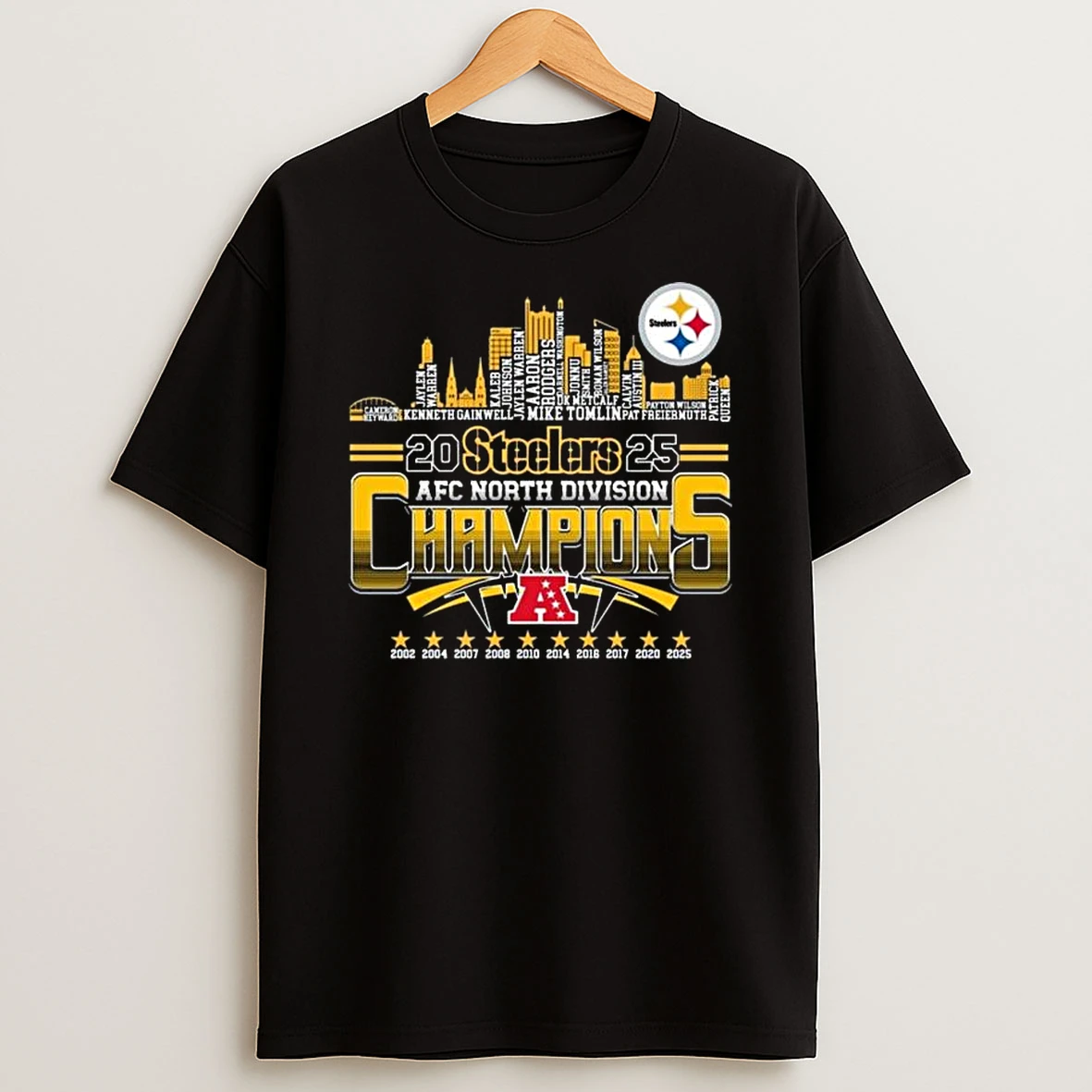 Pittsburgh Steelers 2025 Afc North Division Champions 2002 2025 Skyline Names Logo T Shirt
