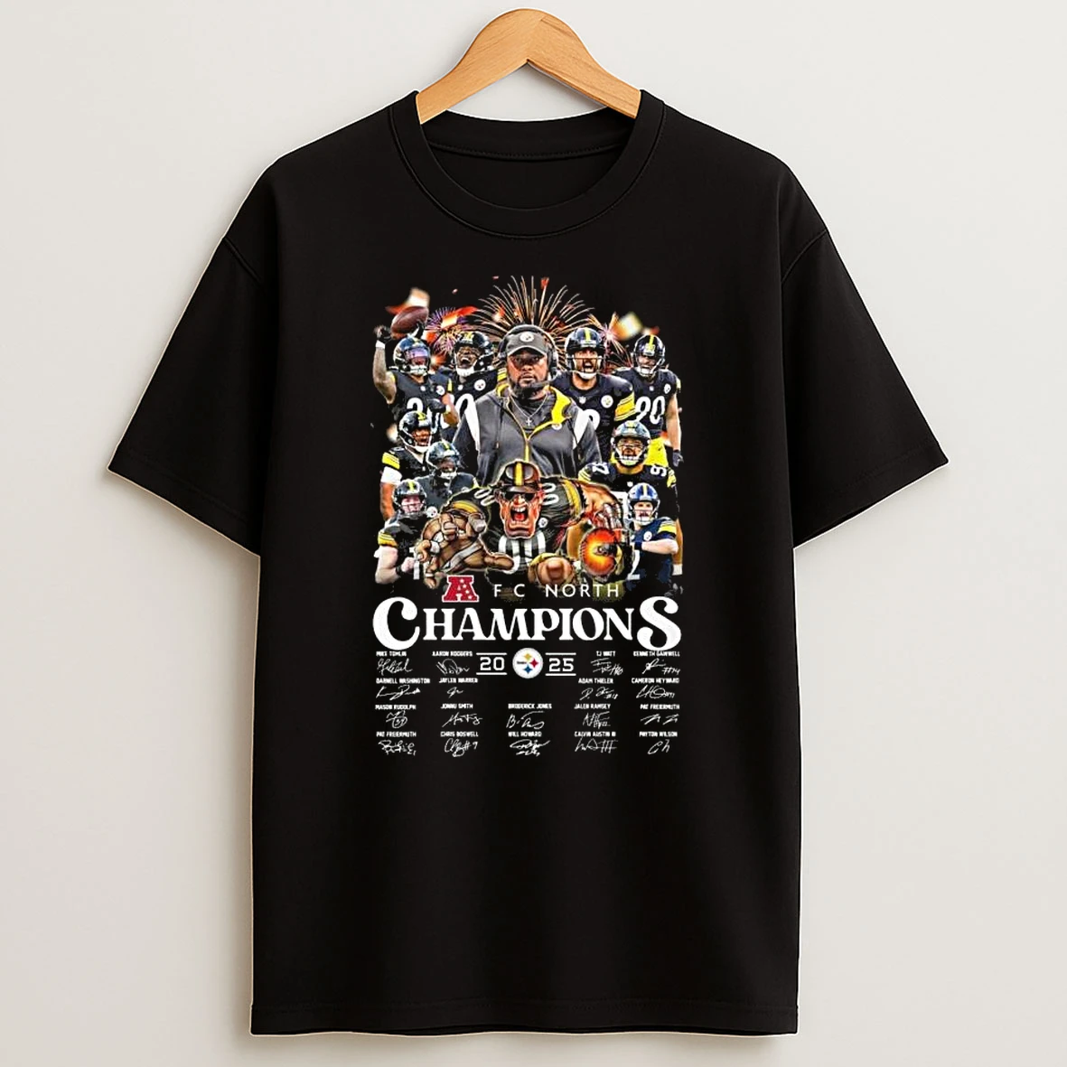Pittsburgh Steelers Afc North Champions 2025 Players Signatures Fireworks T Shirt
