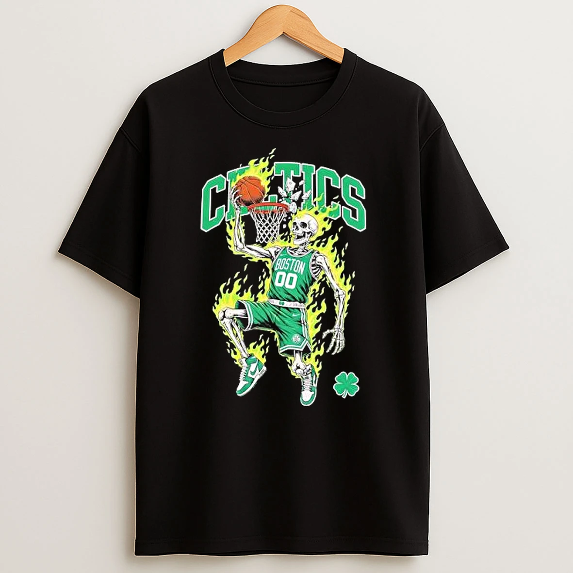Premium Boston Celtics Mens Basketball Skeleton Player Flames T Shirt