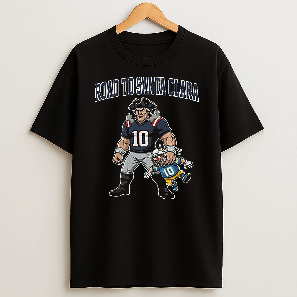 Road To Santa Clara Drake Maye Holding Justin Herbert New England Patriots Football Cartoon T Shirt