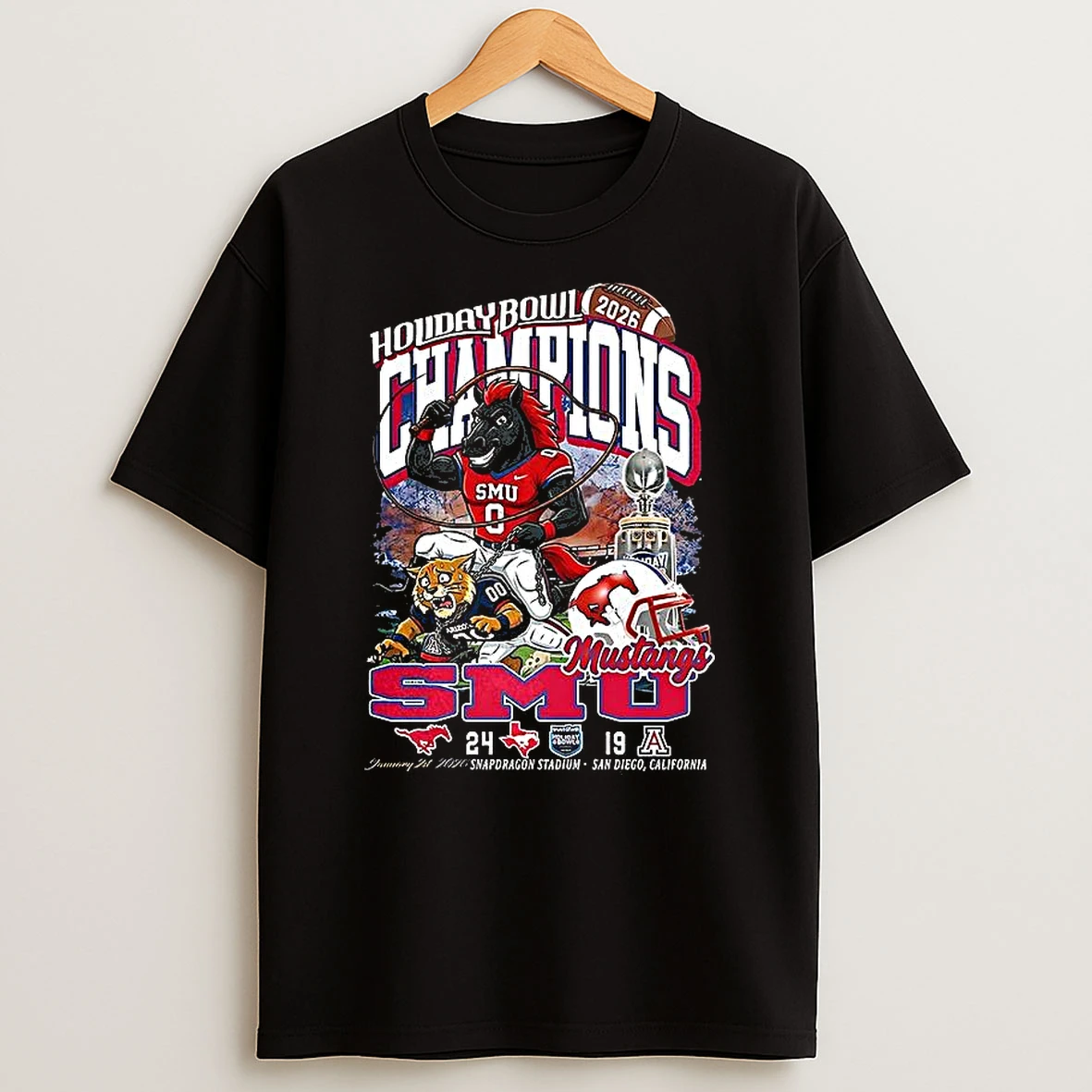 Smu Mustangs Beat Arizona Wildcats Holiday Bowl 2026 Holiday Bowl Champions Mascot T Shirt