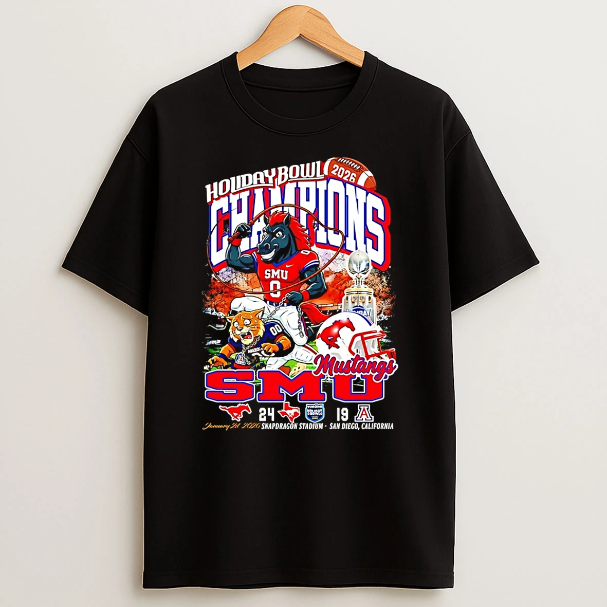 Smu Mustangs Football 2026 Holiday Bowl Champions 24 19 Score Mascot T Shirt