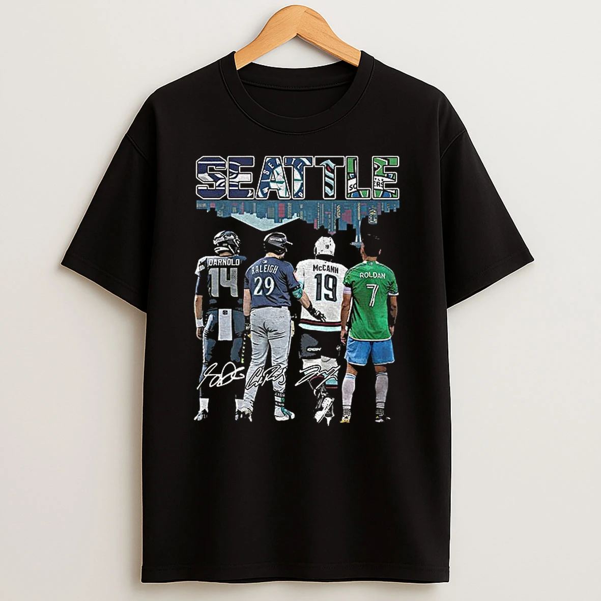 Sam Darnold Cal Raleigh Jared Mccann Cristian Roldan Seattle City Skyline Signatures T Shirt