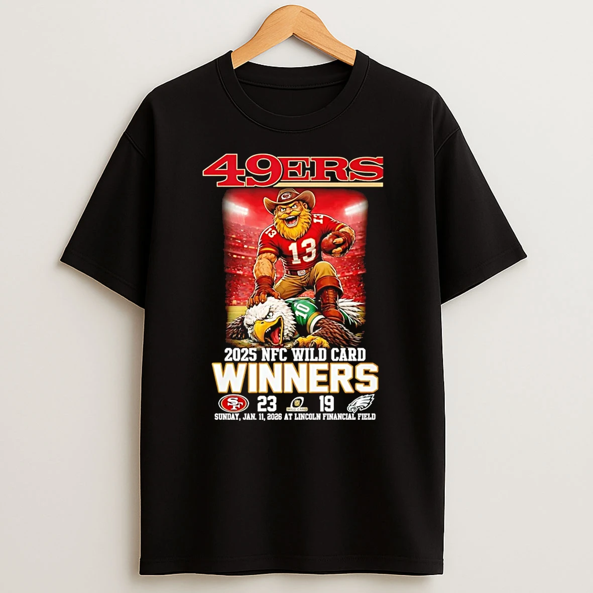 San Francisco 49ers 2025 Nfc Wild Card Winners 23 9 Score Mascot T Shirt