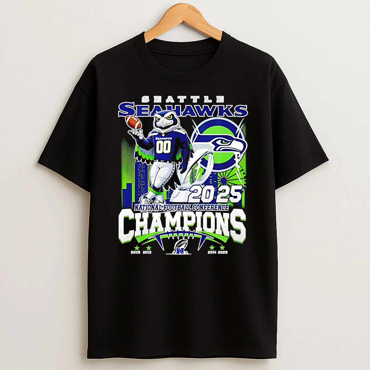 Seattle Seahawks 2025 26 Nfc Champions No 1 Seed 4 Time Mascot T Shirt