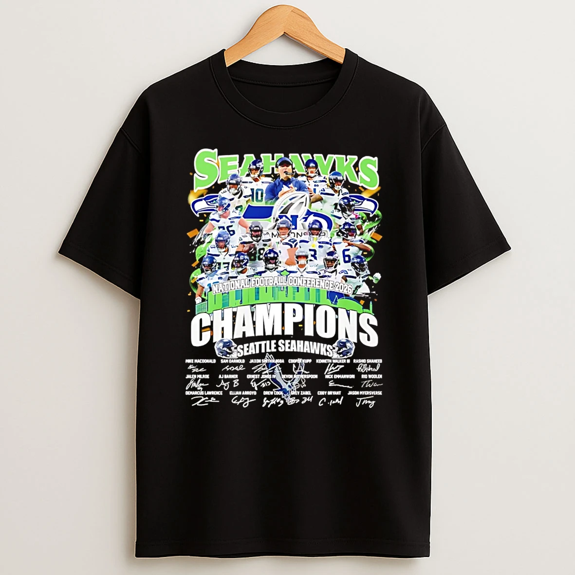 Seattle Seahawks 2025 Nfc Conference Champions All Team Signatures T Shirt