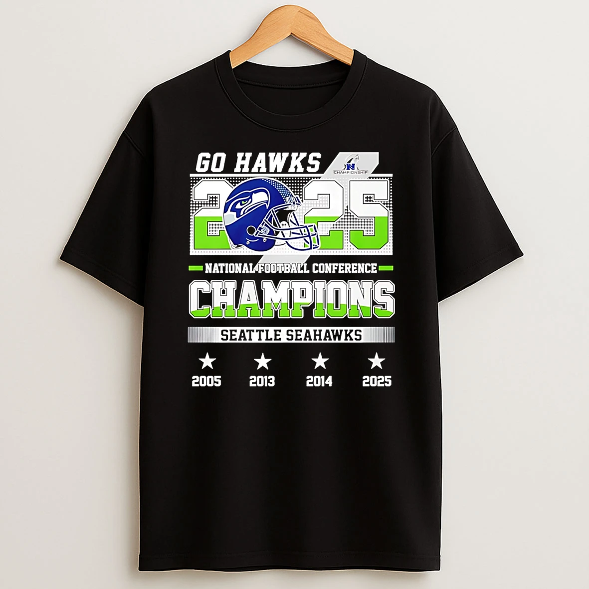 Seattle Seahawks 2025 Nfc Conference Champions Go Hawks Helmet T Shirt