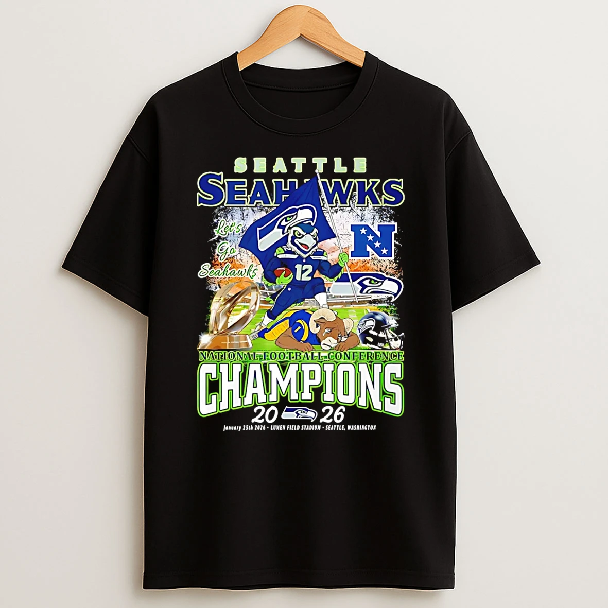 Seattle Seahawks 2025 Nfc Conference Champions Lets Go Hawks Mascot T Shirt