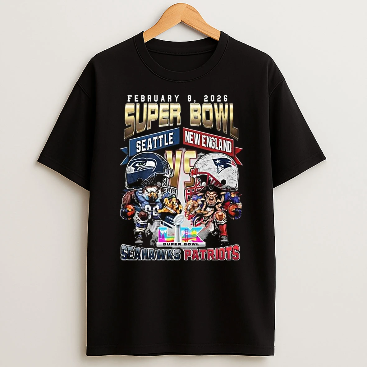Seattle Seahawks And New England Patriots Super Bowl Lx Feb 8 2026 Mascot And Helmet T Shirt