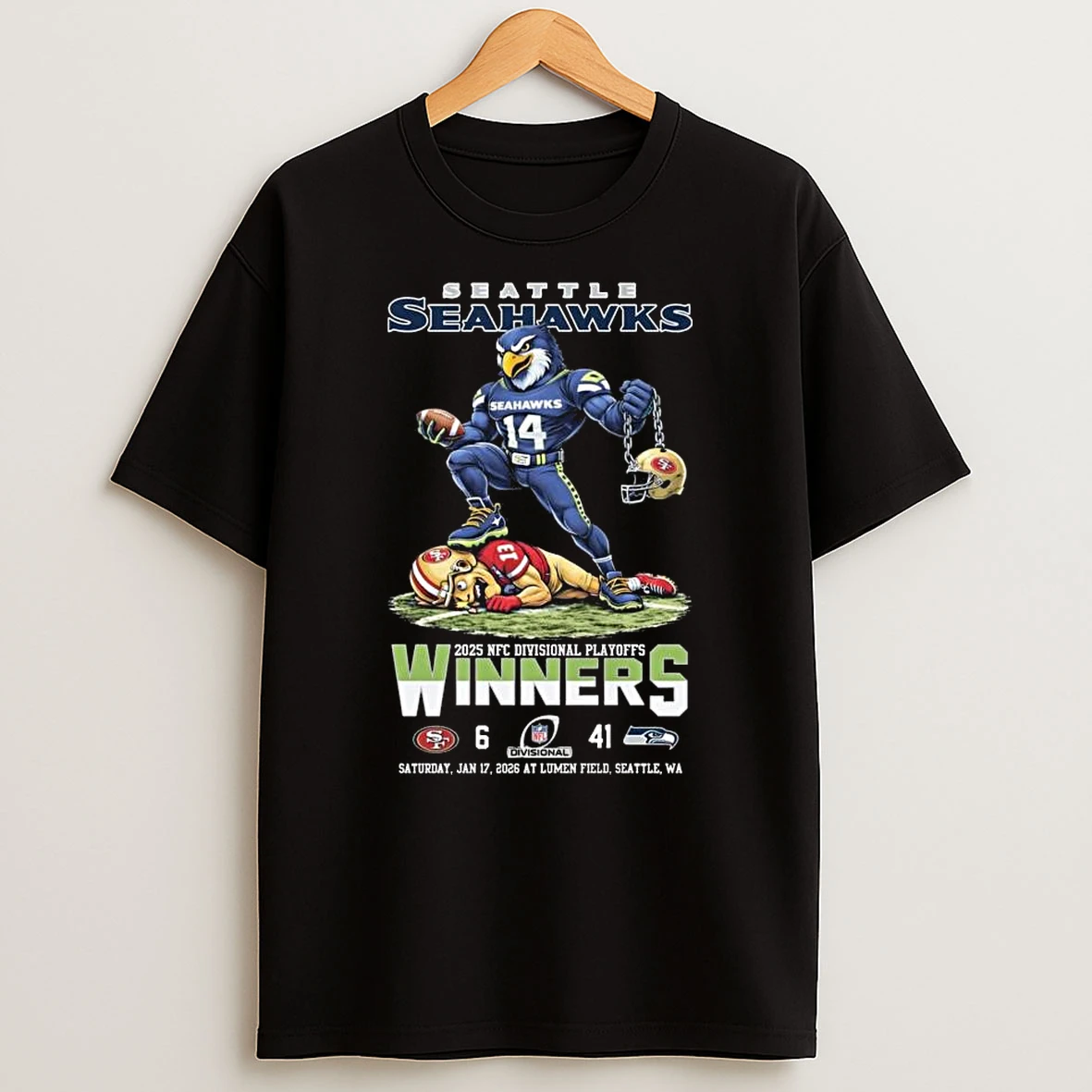Seattle Seahawks Beat 49ers Mascot 2025 Nfc Divisional Playoffs Winners Score 41 6 Jan 17 2026 T Shirt