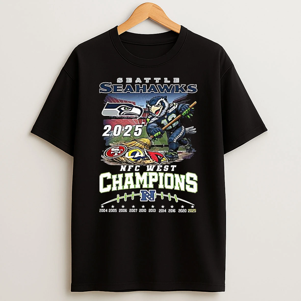 Seattle Seahawks Nfc West Champions Celebrating Fanatics Mascot Sweeps Away The Opponent T Shirt