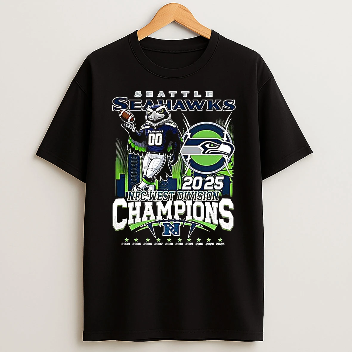 Seattle Seahawks Nfc West Division 2025 Champions Blitz Mascot And Logo Skyline T Shirt