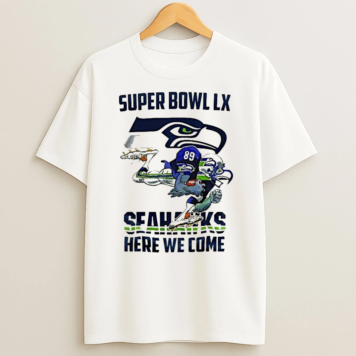 Seattle Seahawks Nfl 2025 Division Champions Super Bowl Lx Seahawks Here We Come Mascot T Shirt