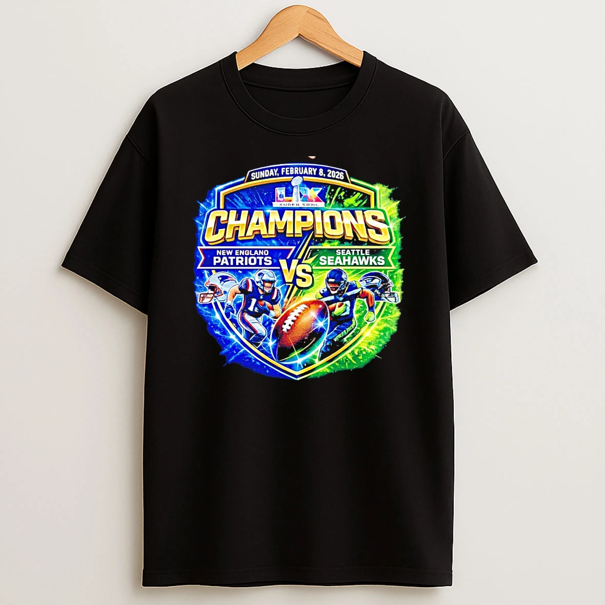 Seattle Seahawks Vs New England Patriots Football Lix Super Bowl Feb 8 2026 Vintage T Shirt