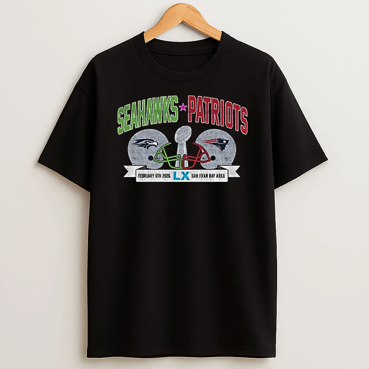 Seattle Seahawks Vs New England Patriots Football Helmet Lx Super Bowl Feb 8th 2026 San Francisco Bay Area T Shirt