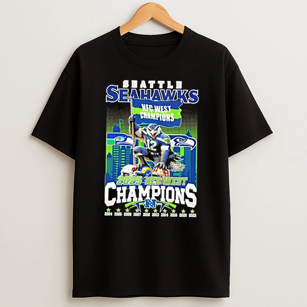 Seattle Seahawks Win 2025 Nfc West Champions Mascot Skyline T Shirt