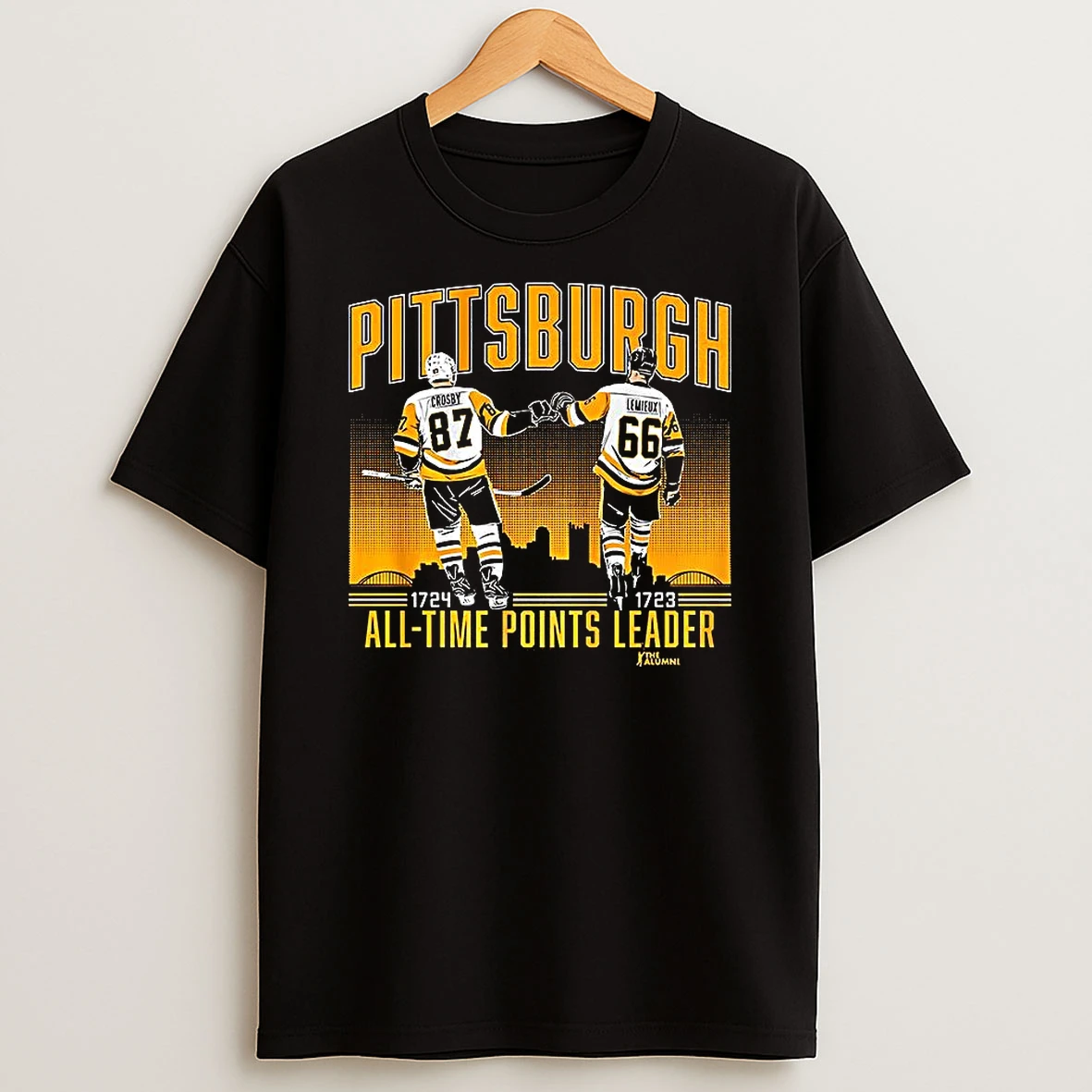 Sidney Crosby And Mario Lemieux Pittsburgh Penguins Nhl All Time Points Leader Skyline T Shirt