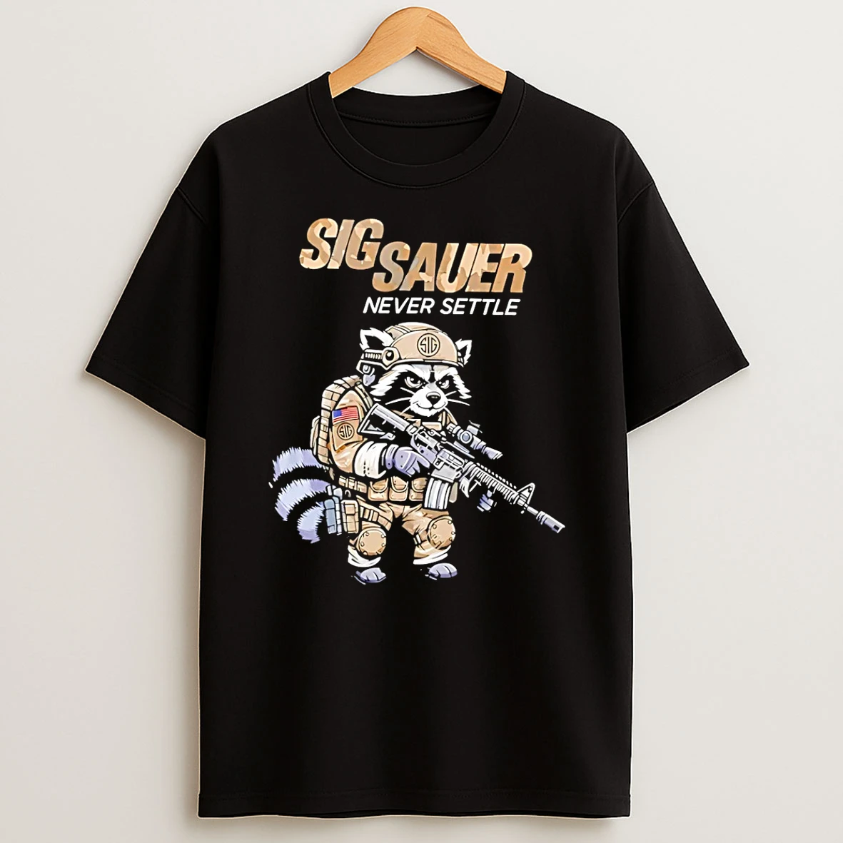 Sig Sauer Never Settle Raccoon Camo T Shirt