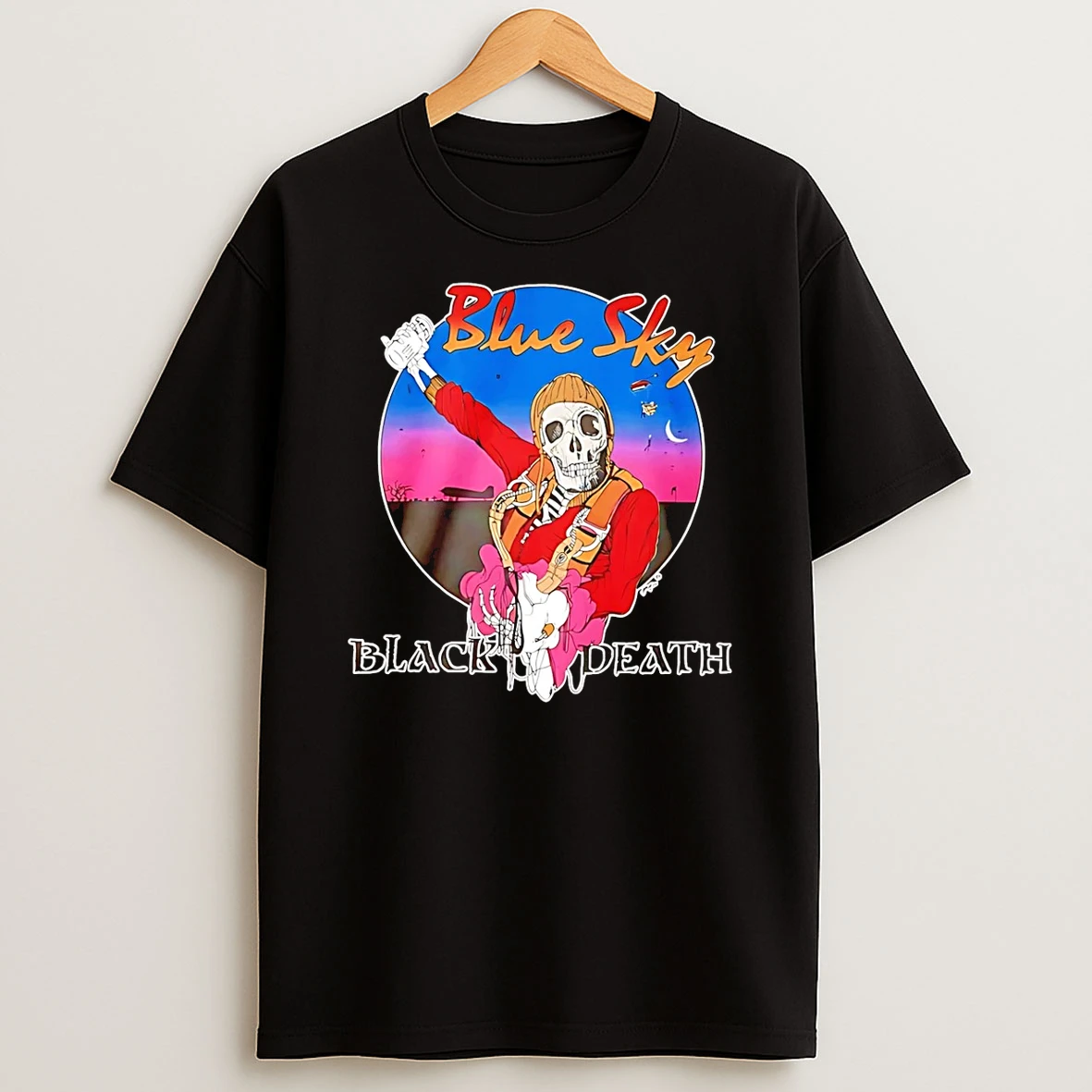 Skeleton Blue Sky Black Death T Shirt
