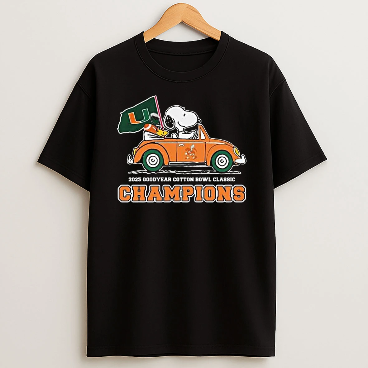 Snoopy And Woodstock Driving Car Miami Hurricanes 2025 Goodyear Cotton Bowl Classic Champions T Shirt