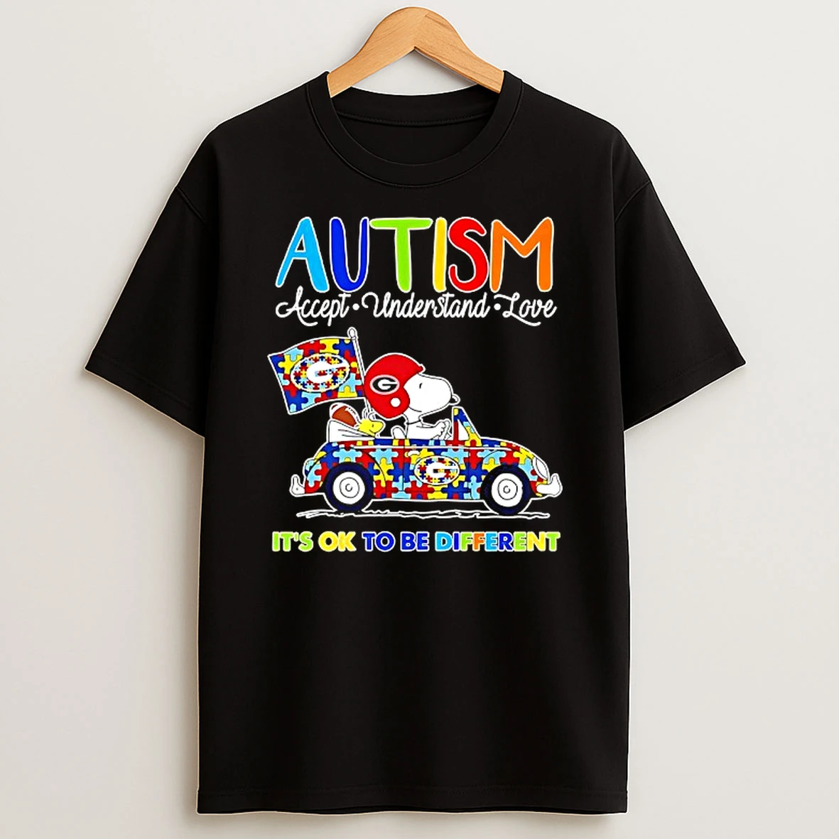 Snoopy Georgia Bulldogs Autism Accept Understand Love Its Ok To Be Different T Shirt