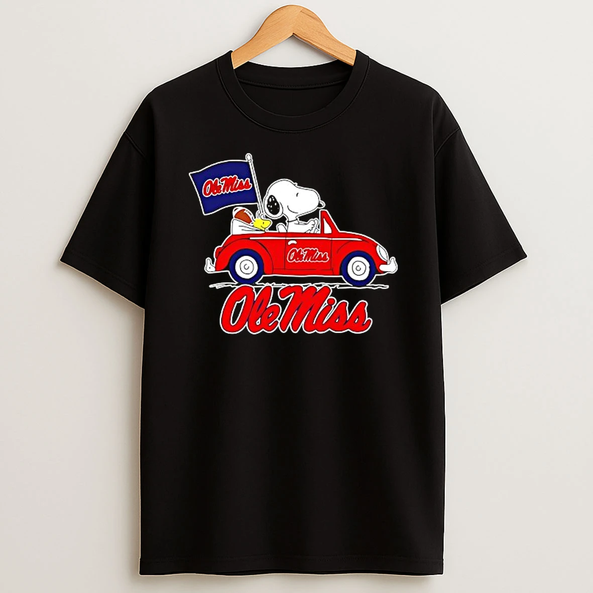 Snoopy And Woodstock Driving Ole Miss Rebles Football Flag T Shirt