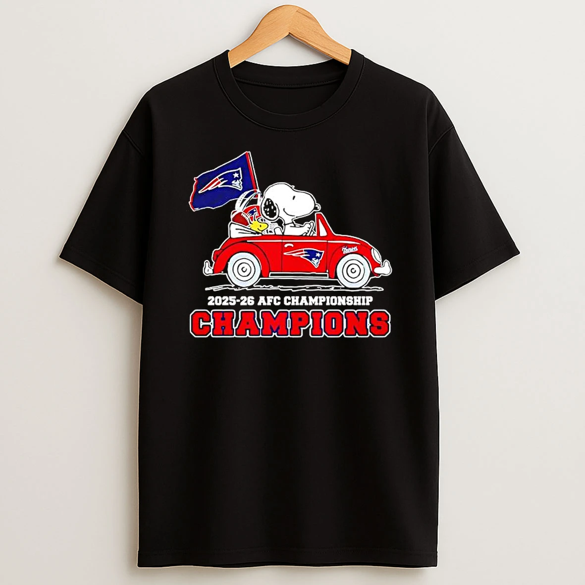 Snoopy And Woodstock Driving Car New England Patriots 2025%ce%b3co26 Afc Champions T Shirt