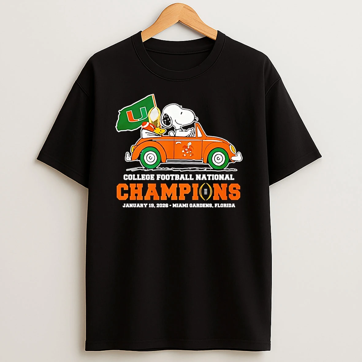 Snoopy Driving Car Miami Hurricanes 2025 Cfp National Champions T Shirt