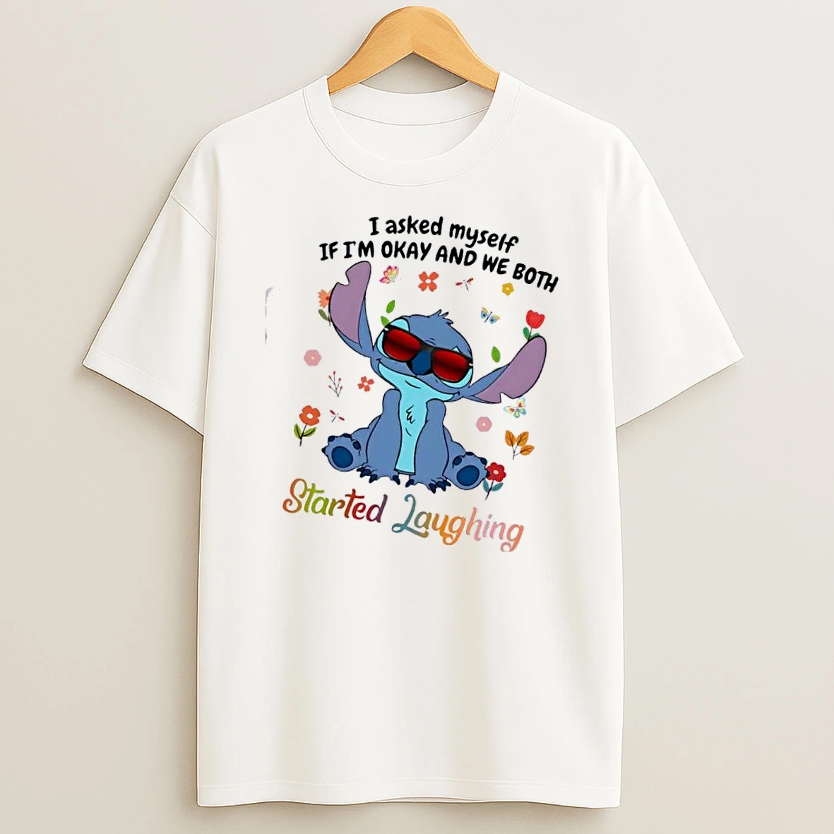 Stitch I Asked Myself If Im Okay And We Both Started Laughing Flowers T Shirt