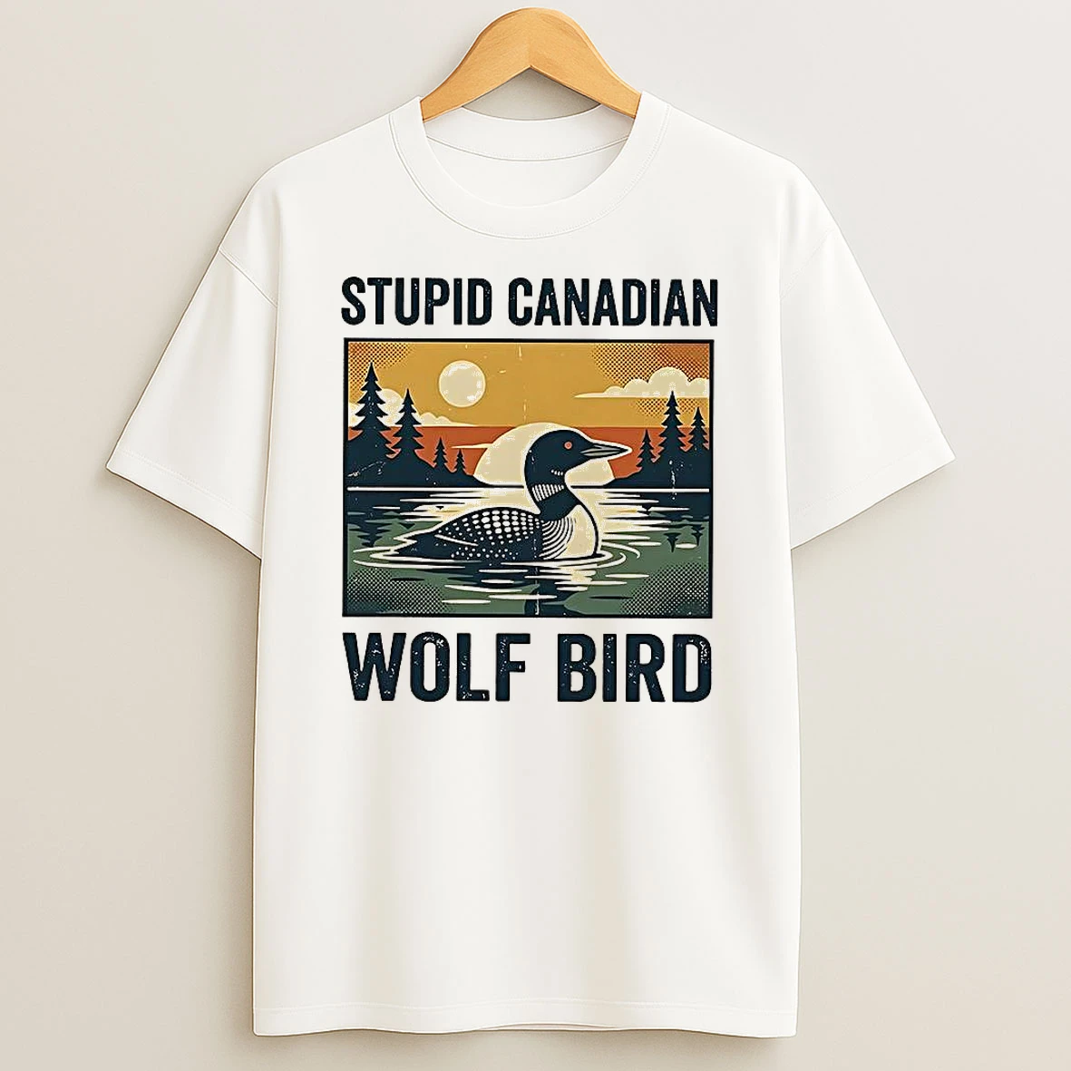 Stupid Canadian Wolf Bird Common Loon Vintage Art T Shirt