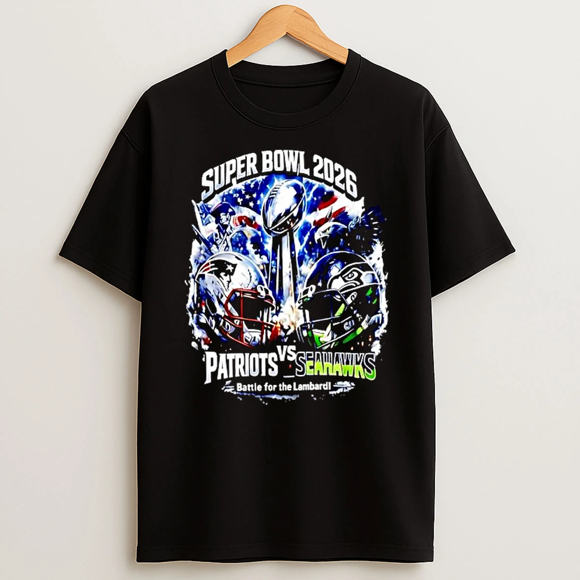 Super Bowl 2026 Patriots Vs Seahawks Battle For The Lambardi Trophy Helmets T Shirt