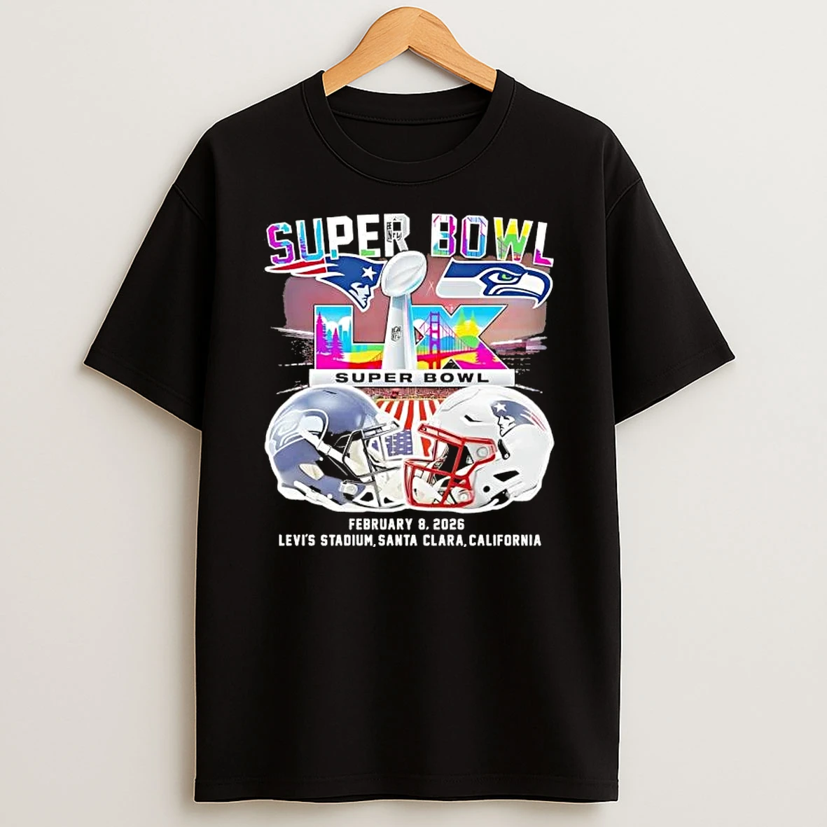 Super Bowl Lx February 8 2026 New England Patriots Vs Seattle Seahawks Football Helmets T Shirt