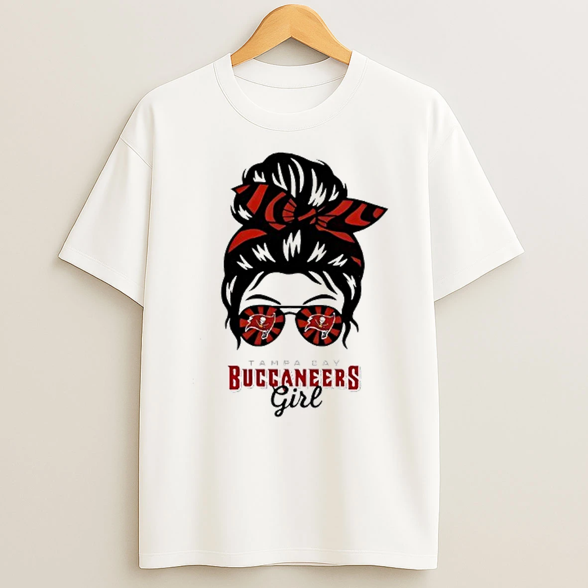 Tampa Bay Buccaneers Girl Messy Bun Glasses T Shirt