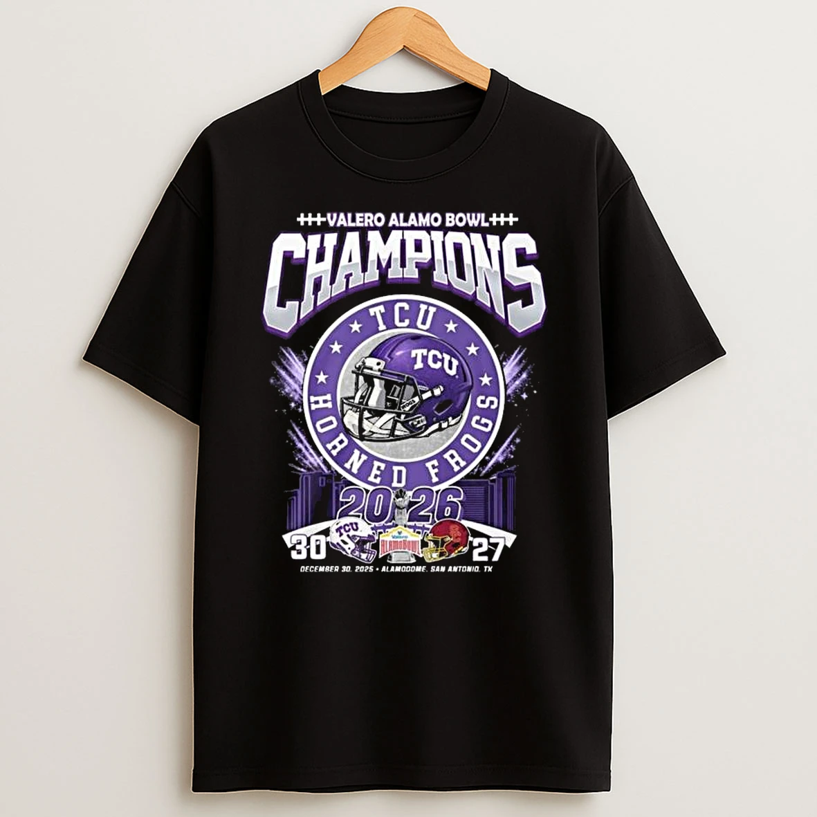 Tcu Horned Frogs Valero Alamo Bowl Champions 2026 Dec 30 2025 Score 30 27 Helmet Logo T Shirt
