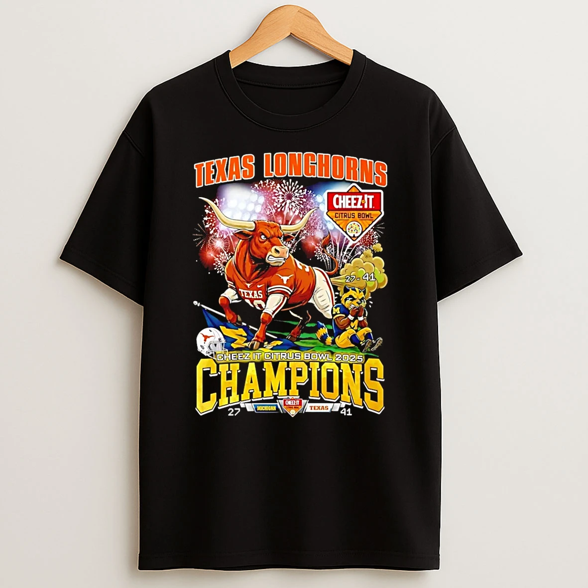 Texas Longhorns 2025 Cheez It Citrus Bowl Champions 27 41 Score Mascot T Shirt