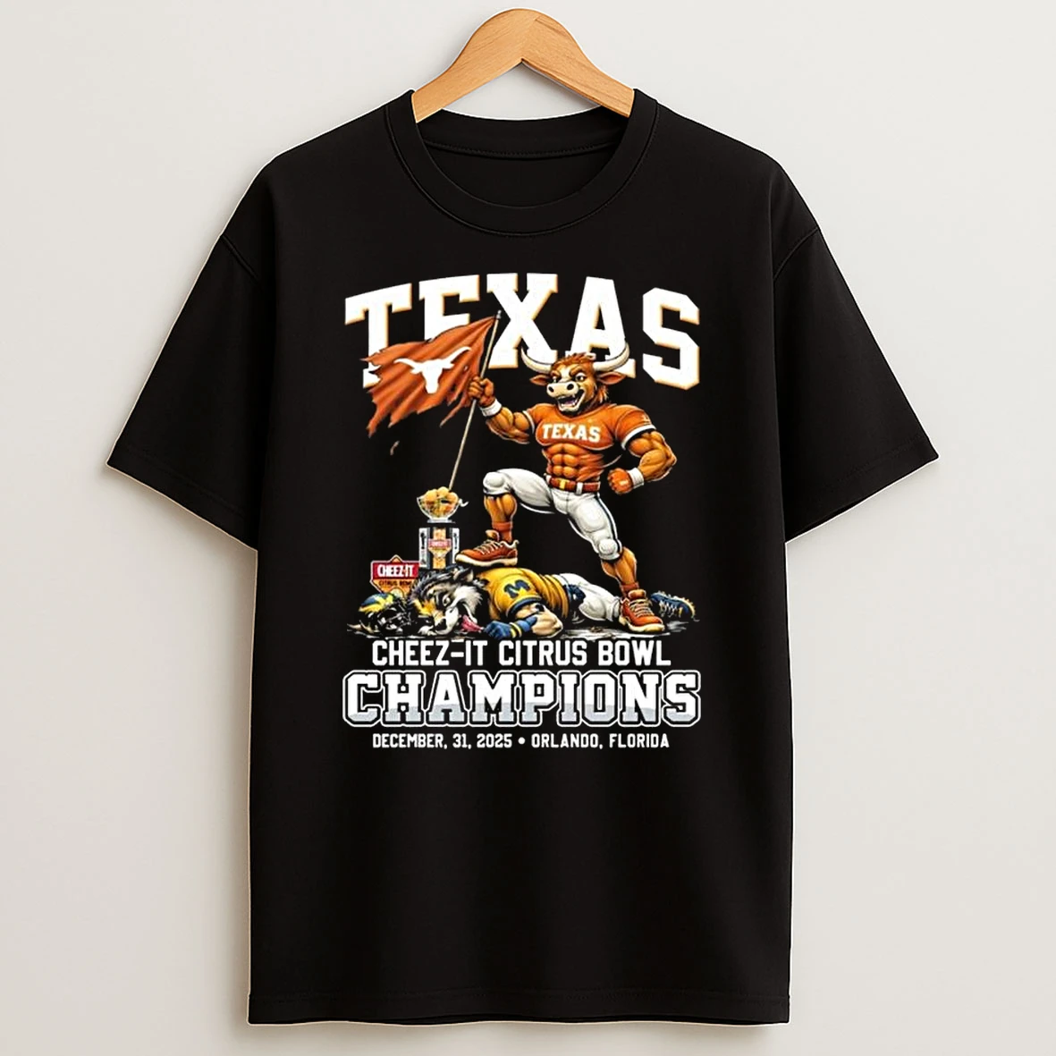 Texas Longhorns Beat Wolverines Cheez It Citrus Bowl Champions Score 41 27 Dec 31 2025 Mascot T Shirt