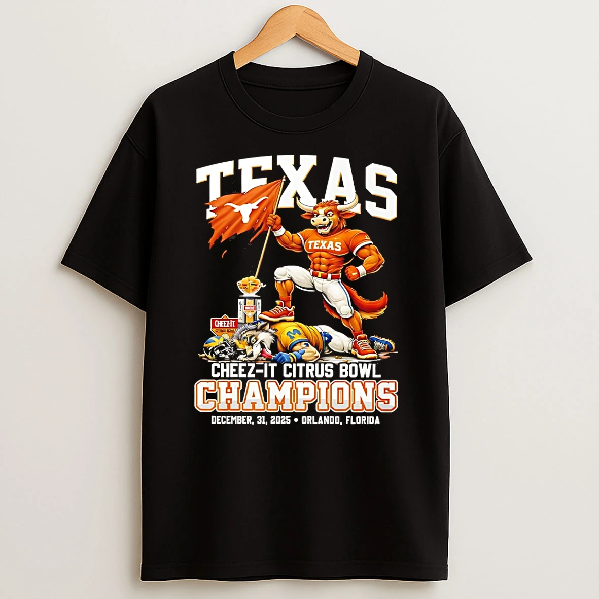 Texas Longhorns Cheez It Citrus Bowl Champions 2025 Beat Michigan Score Mascot T Shirt
