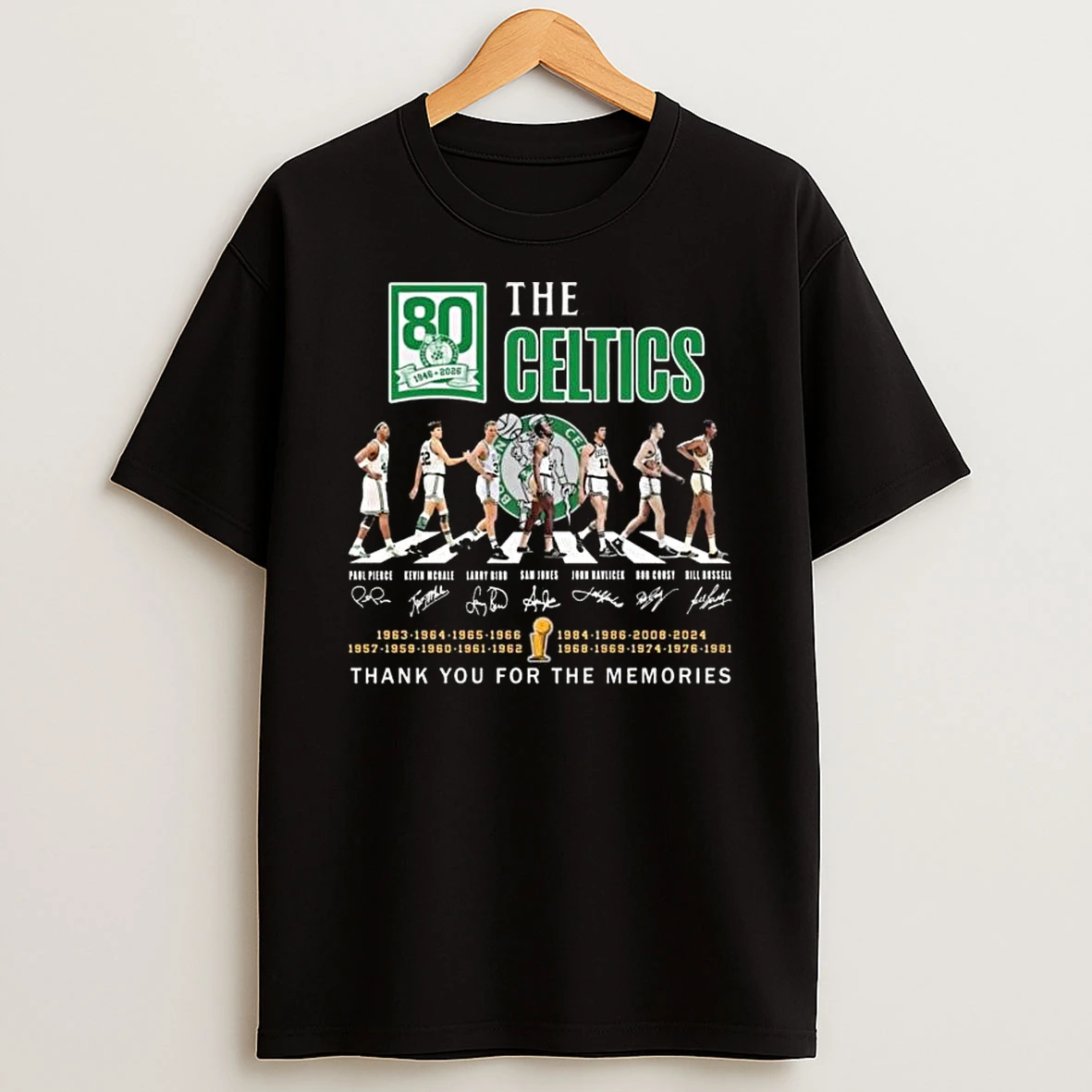 The Boston Celtics 80th Anniversary 1946 2026 Players Abbey Road Signatures Thank You For The Memories T Shirt