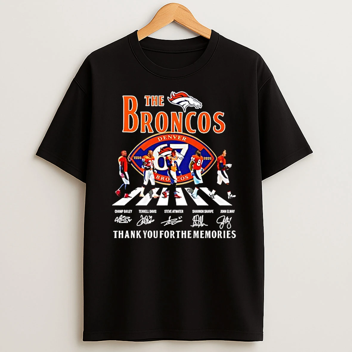 The Denver Broncos 67th Anniversary 1959 2026 Bailey X Davis X Mccaffrey X Sharpe X Elway Signatures T Shirt