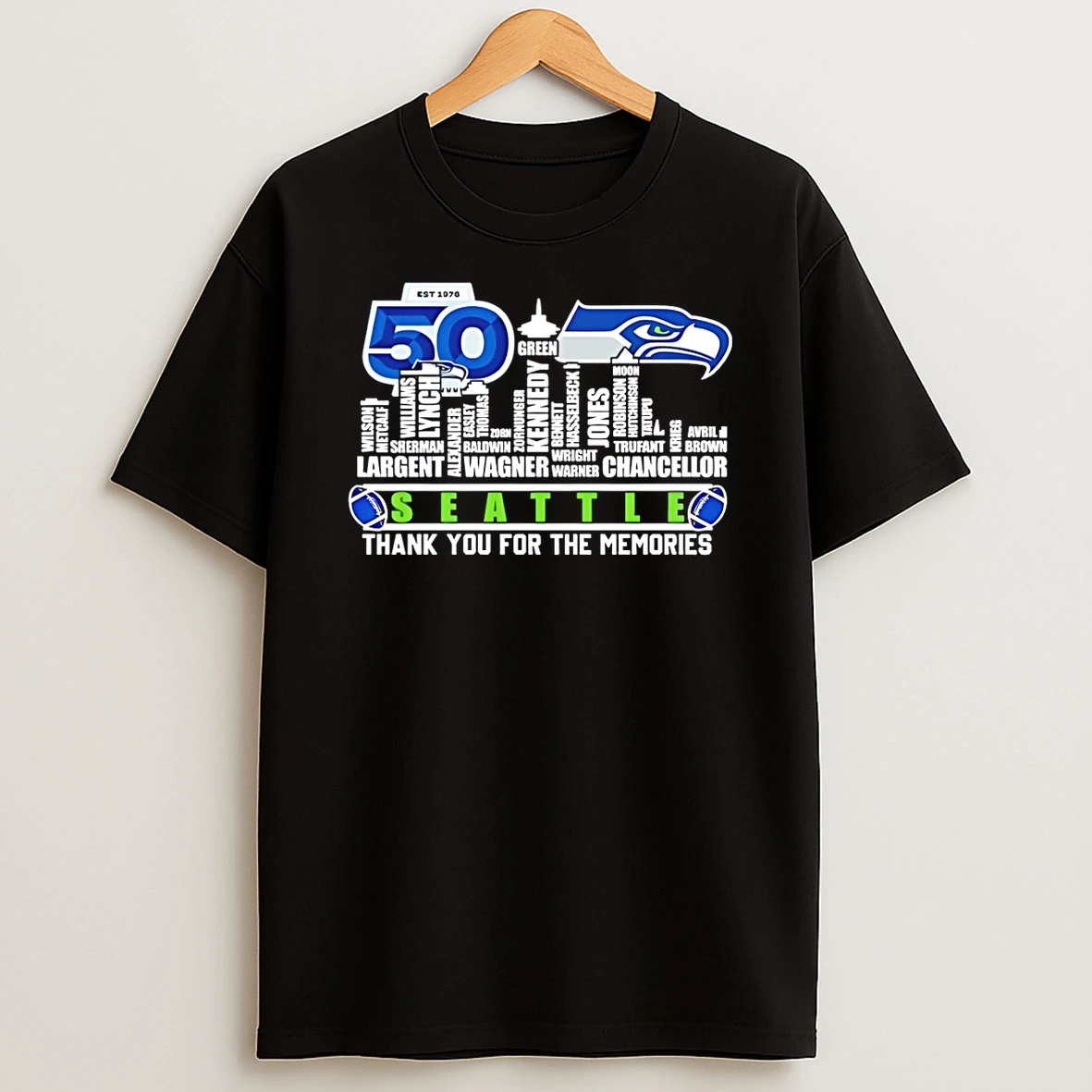 The Seahawks Seattle Seahawks 50 Years 1976 2025 Player Name Skyline T Shirt