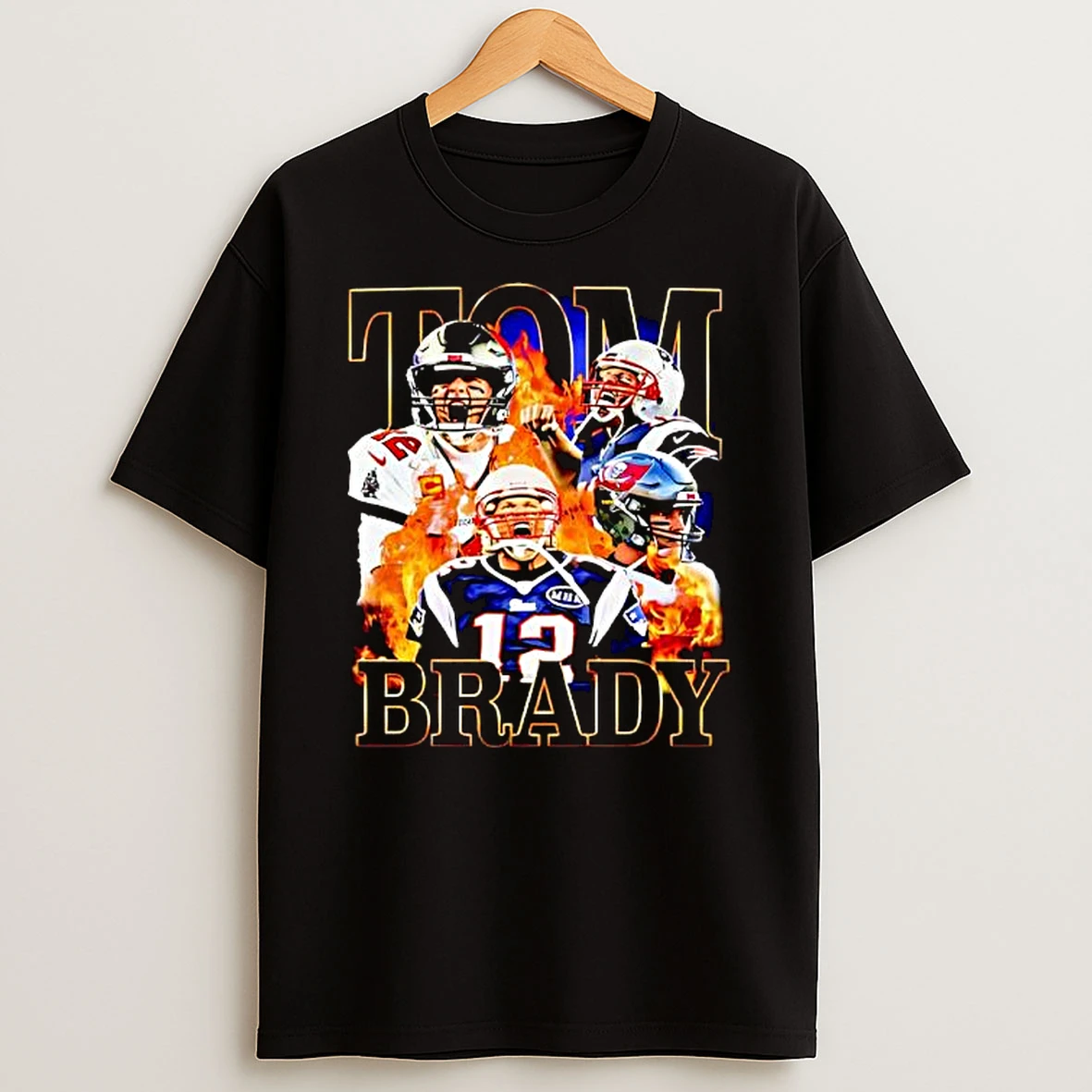 Tom Brady New England Patriots Tampa Bay Buccaneers Fire Flame Graphic Collage Football Legend Goat Fan T Shirt