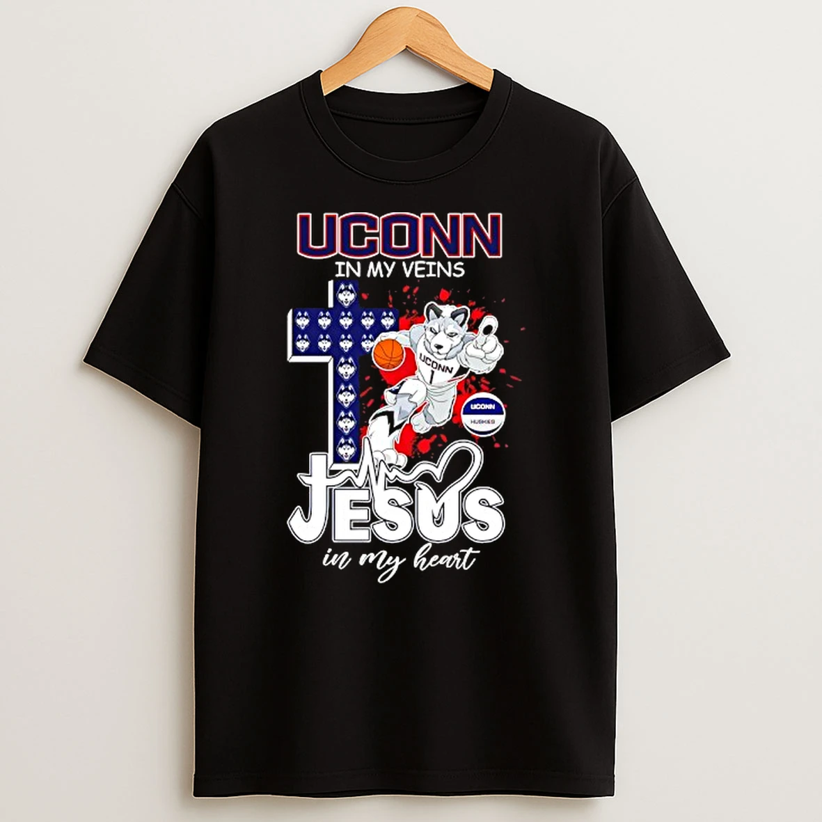 Uconn Huskies In My Veins Jesus In My Heart Cross Mascot T Shirt
