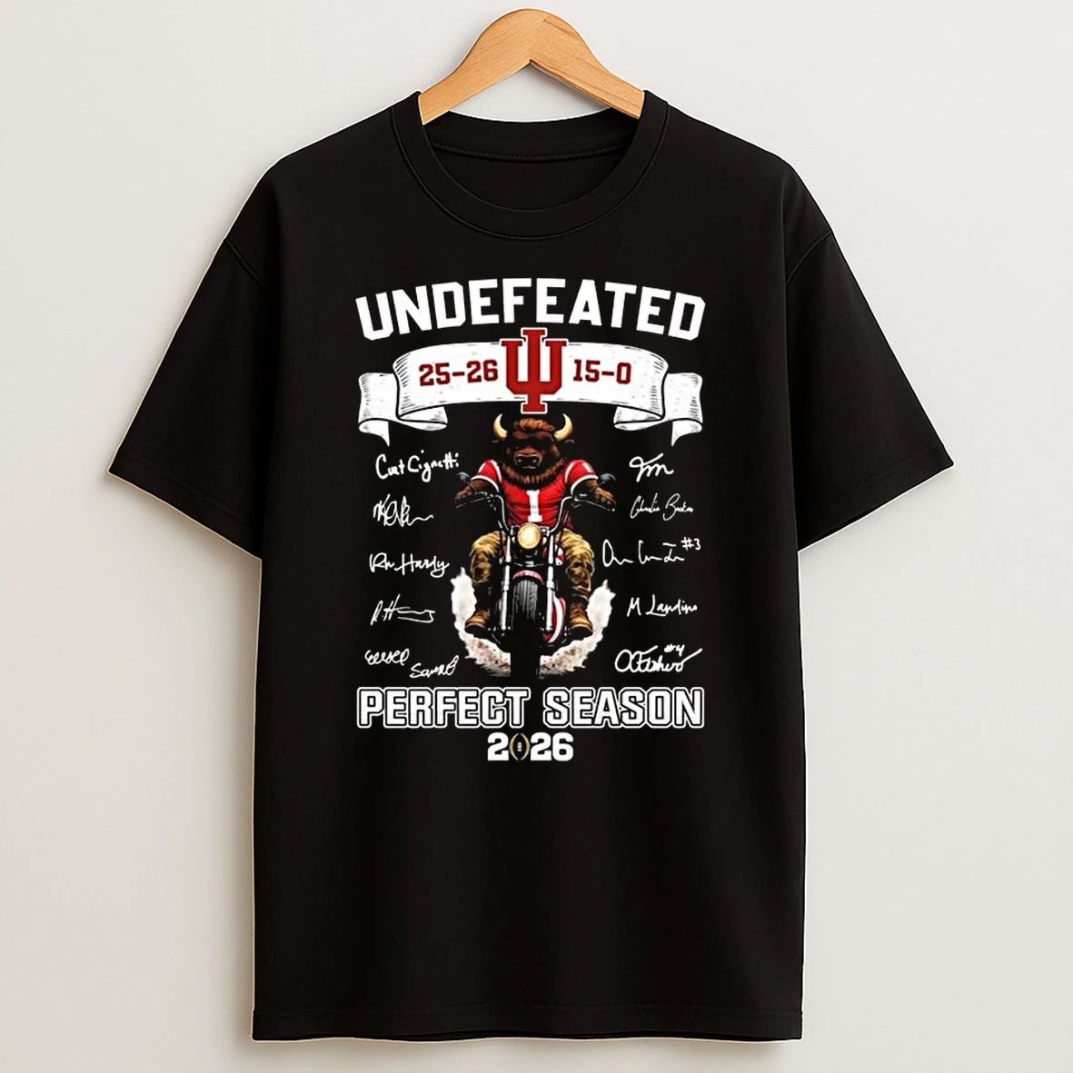 Undefeated 2025 2026 15 0 Indiana Hoosiers Perfect Season Mascot Signatures T Shirt