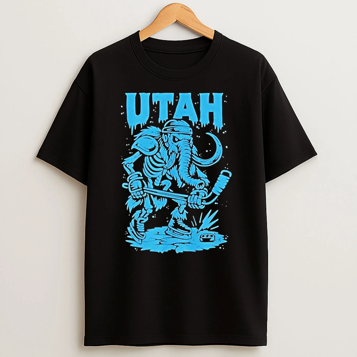 Utah Salty Goon Gear Skeletal Mammoth Holding Ice Hockey Stick T Shirt
