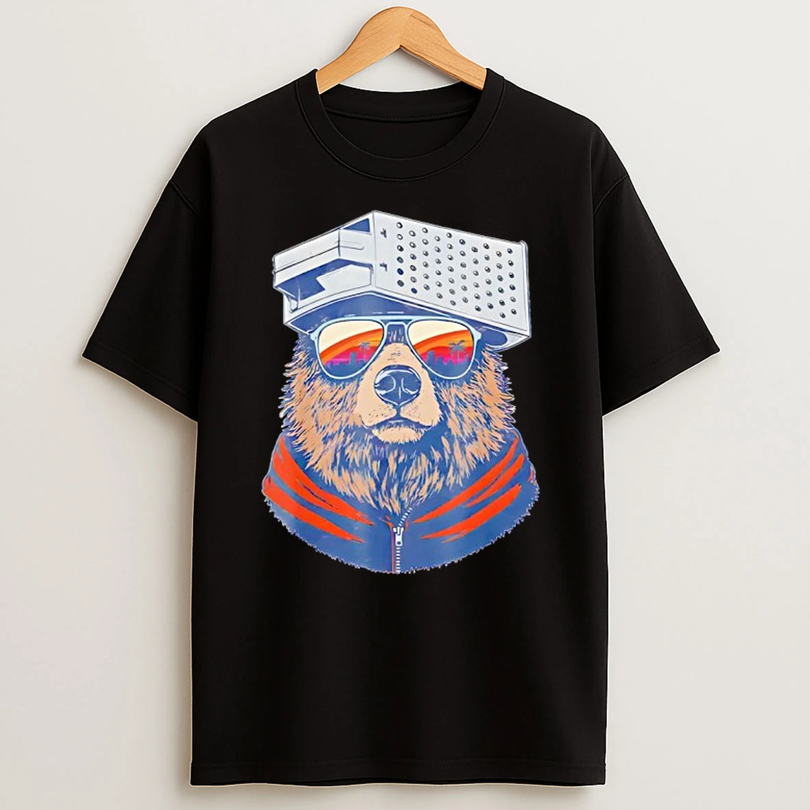 Vintage Sunset Bear With Cheese Grater Hat And Sunglasses T Shirt