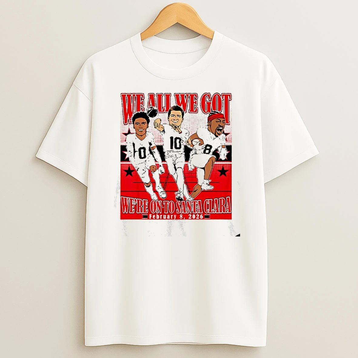 We All We Cat Were On To Santa Clara Drake Maye Stefon Diggs And Christian Gonzalez 2026 Conference Champions Caricatures T Shirt
