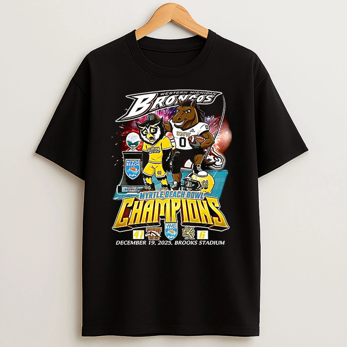 Western Michigan Ncaa Broncos Myrtle Beach Bowl Champions Brooks Stadium Mascot T Shirt