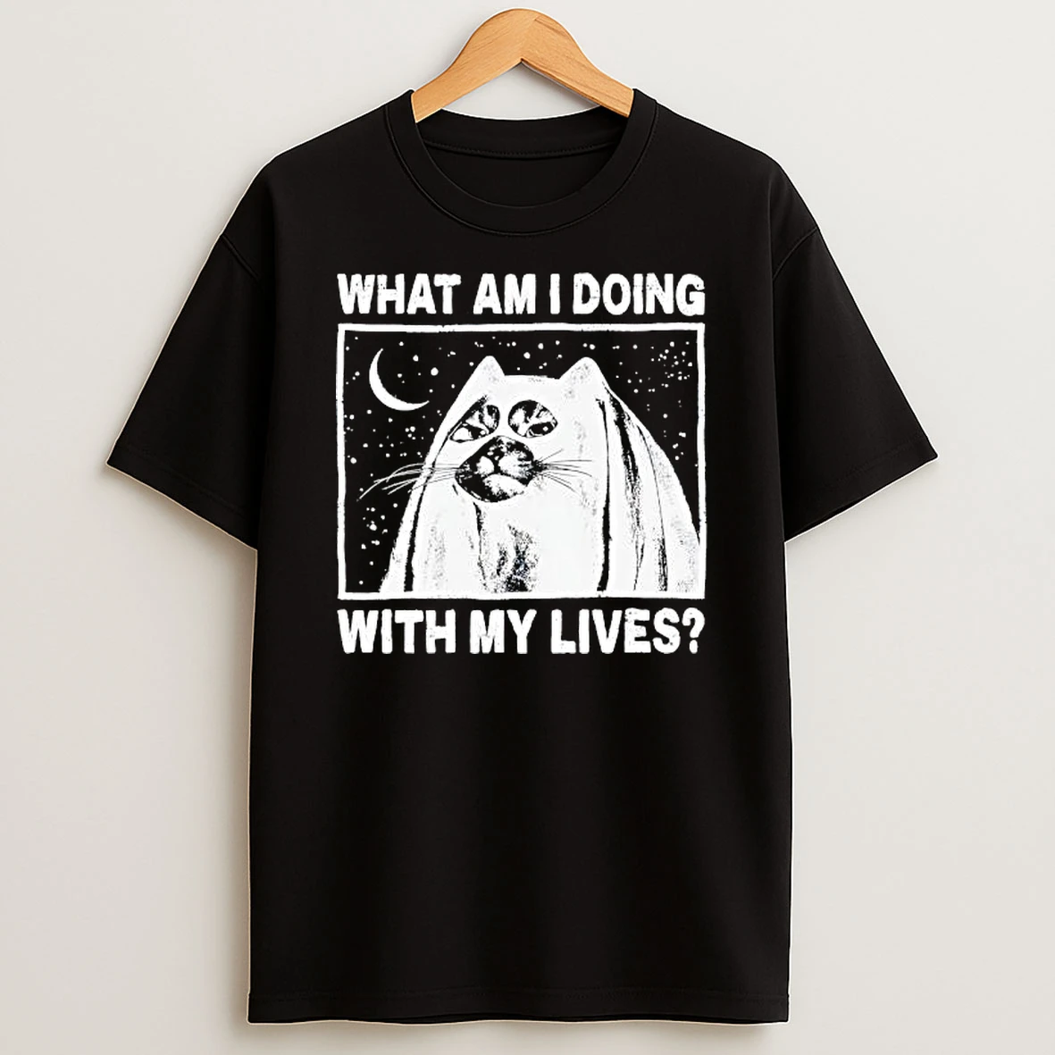 What Am I Doing With My Lives Ghost Cat Moon Stars T Shirt