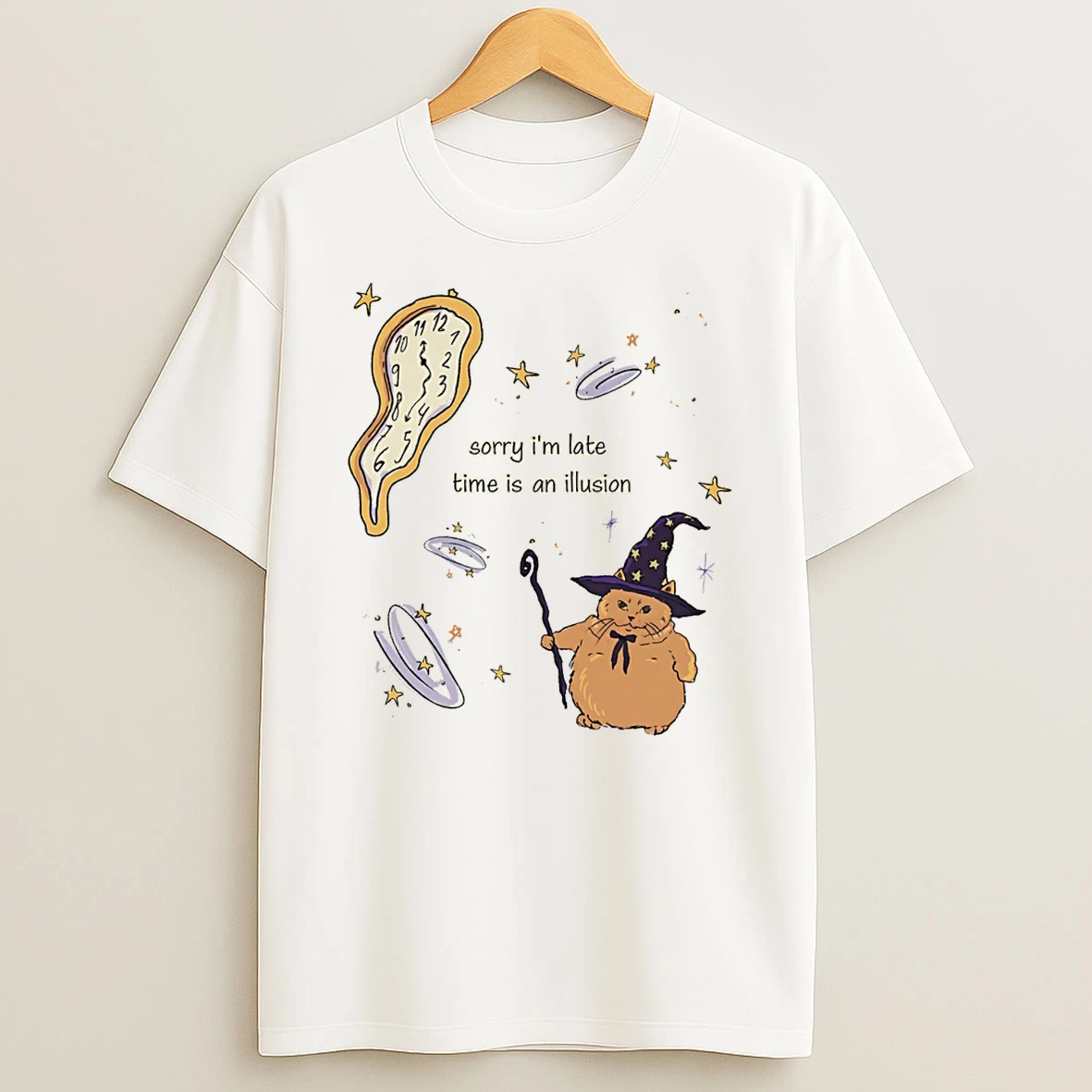 Wizard Cat Sorry Im Late Time Is An Illusion T Shirt
