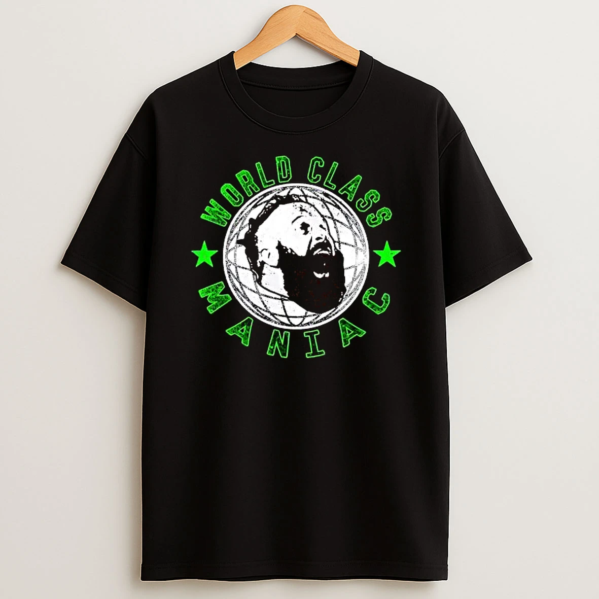 World Class Maniac Bearded Man Face Portrait Globe Graphic T Shirt